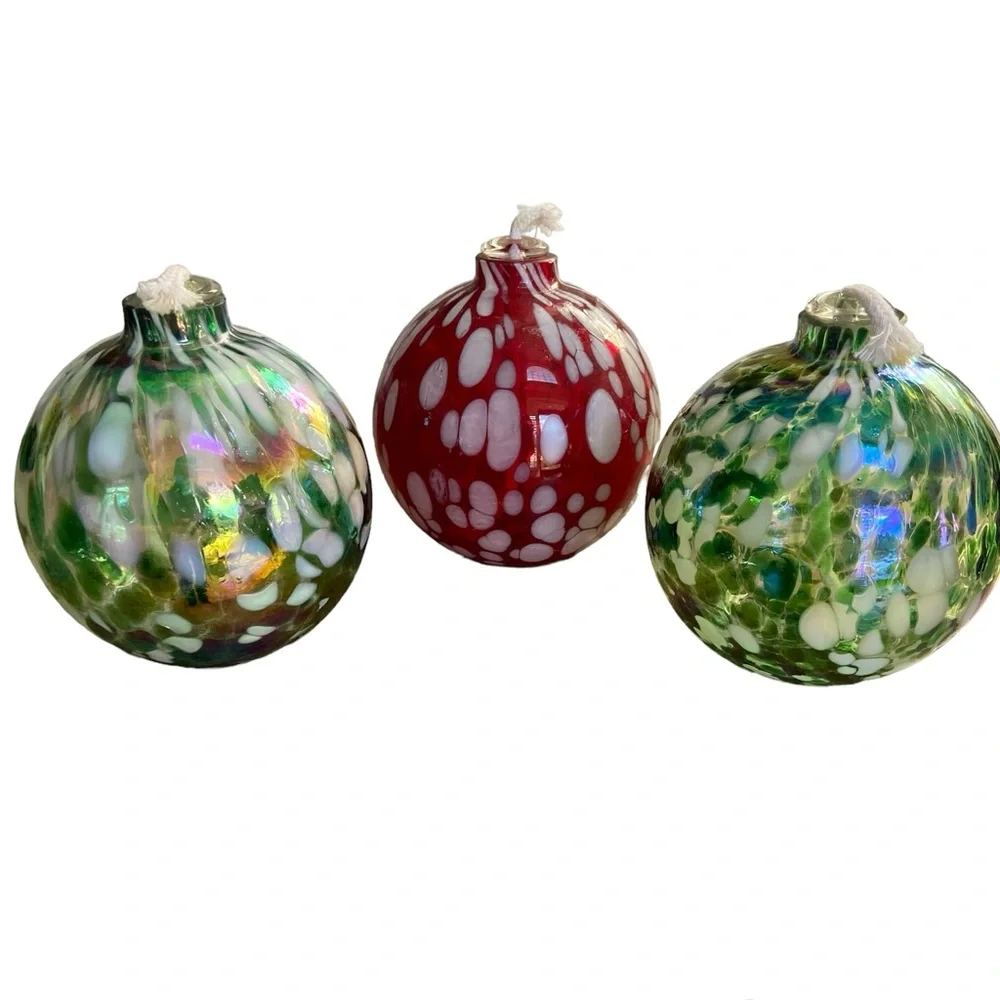 Pottery Barn Set 3 Artisan Oil Burning Glass Candles Red Green Flickering Glow